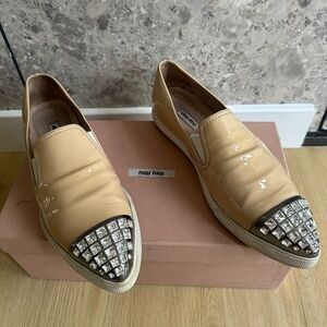 Miu Miu Black Patent Leather Crystals Embellished Slip On Loafers Size 37.5